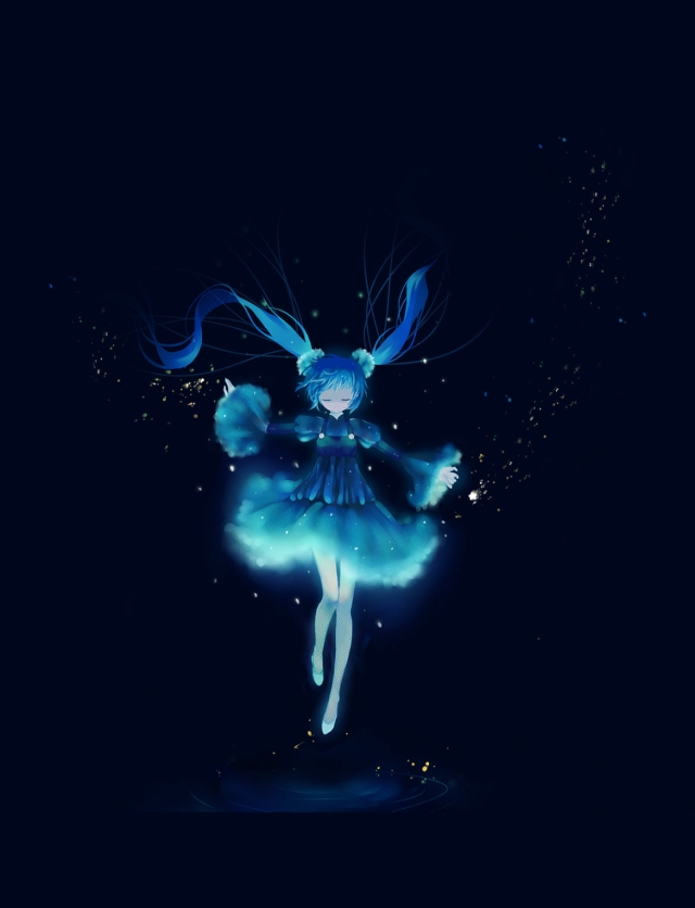 空中に浮き青く光る初音ミク / ボカロ / ボーカロイドの640 x 836 / スマホ壁紙