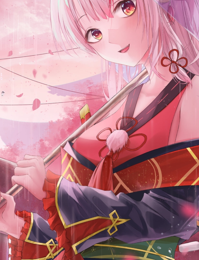 桜の花が舞い雨が降る中でビニール傘をさす可愛い百鬼あやめ / ホロライブ / バーチャルYouTuber / Vtuberの640 x 836 / スマホ壁紙