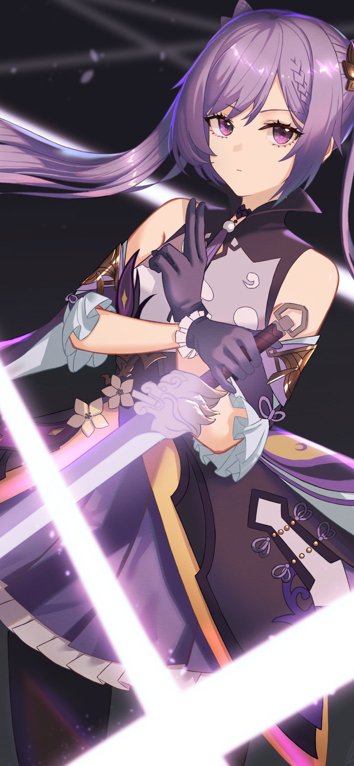無数の紫の光と剣を持つかっこいい刻晴 / 原神の1170 x 2532 / スマホ壁紙