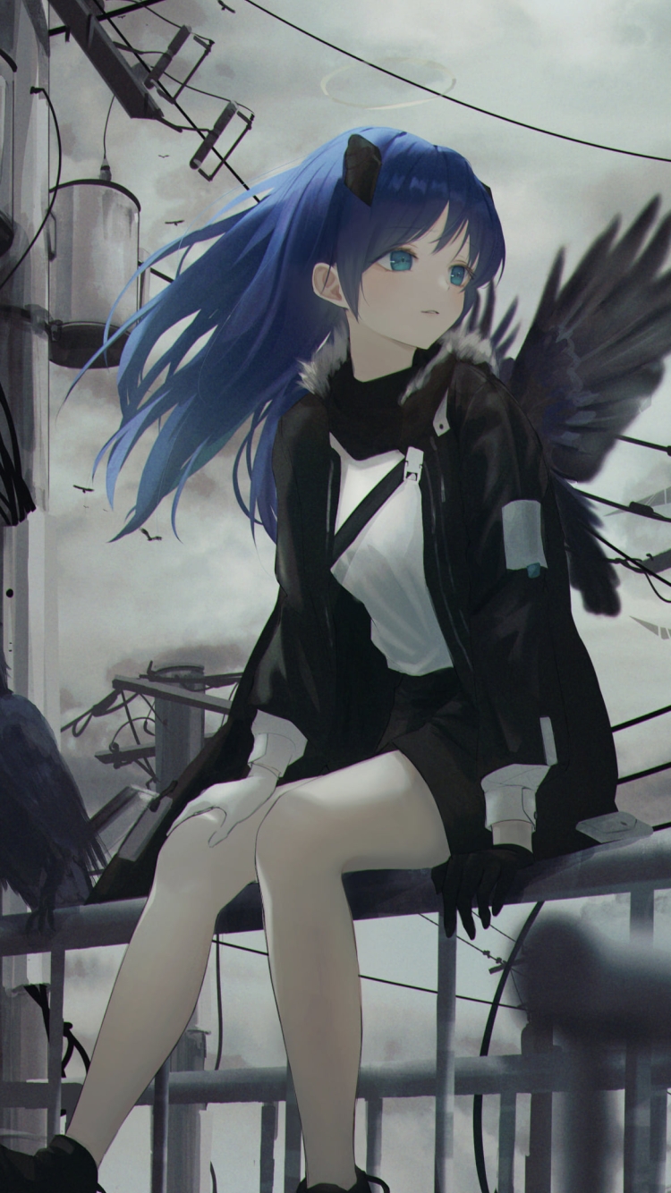 鉄柵に座るモスティマとカラス / 電柱 / 曇り空 / アークナイツの750 x 1334 / スマホ壁紙