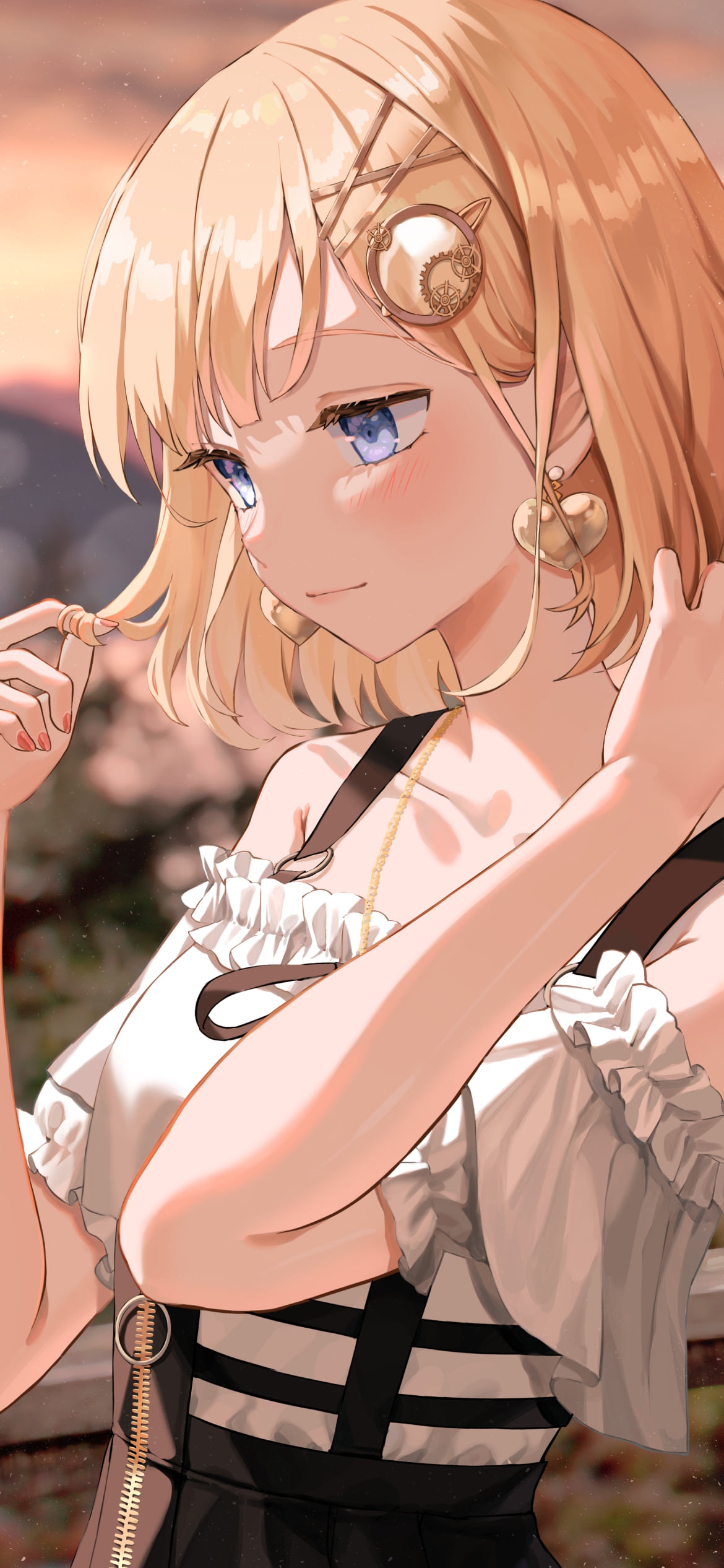 夕暮れ、髪を触り見つめるワトソン・アメリア / ホロライブ / バーチャルYouTuber / Vtuberの1170 x 2532 / スマホ壁紙