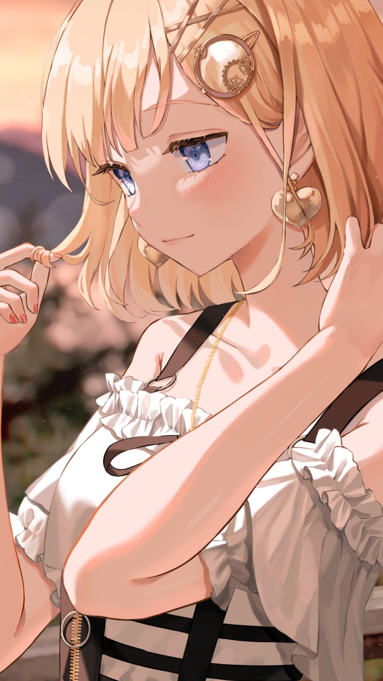夕暮れ、髪を触り見つめるワトソン・アメリア / ホロライブ / バーチャルYouTuber / Vtuberの750 x 1334 / スマホ壁紙