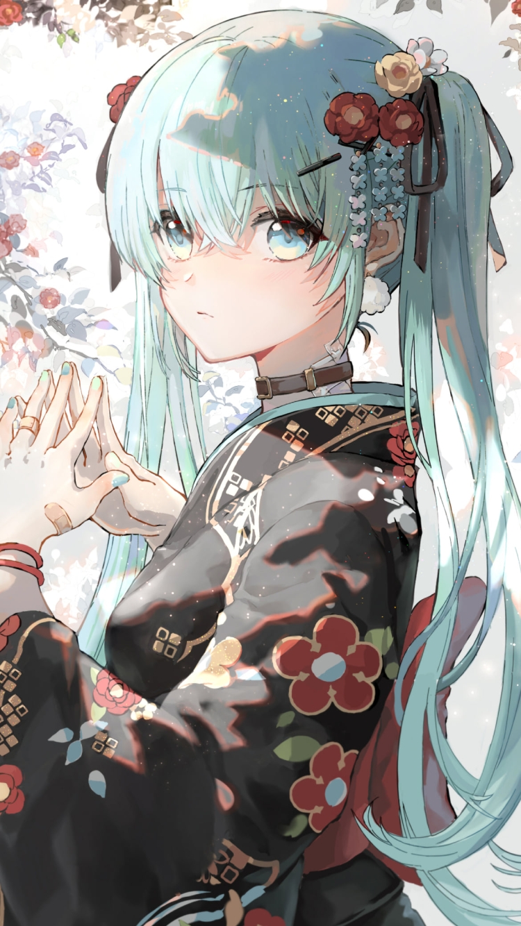 花柄模様の黒い着物を着て両手を合わせる綺麗な初音ミク / ボカロ / ボーカロイドの750 x 1334 / スマホ壁紙