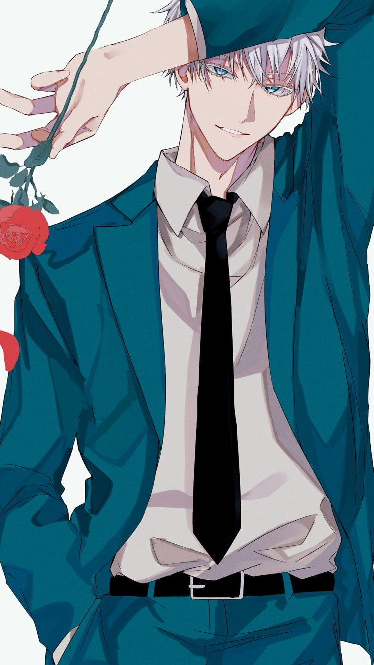 緑のスーツを着て赤い薔薇を持つ五条悟 / 呪術廻戦の750 x 1334 / スマホ壁紙