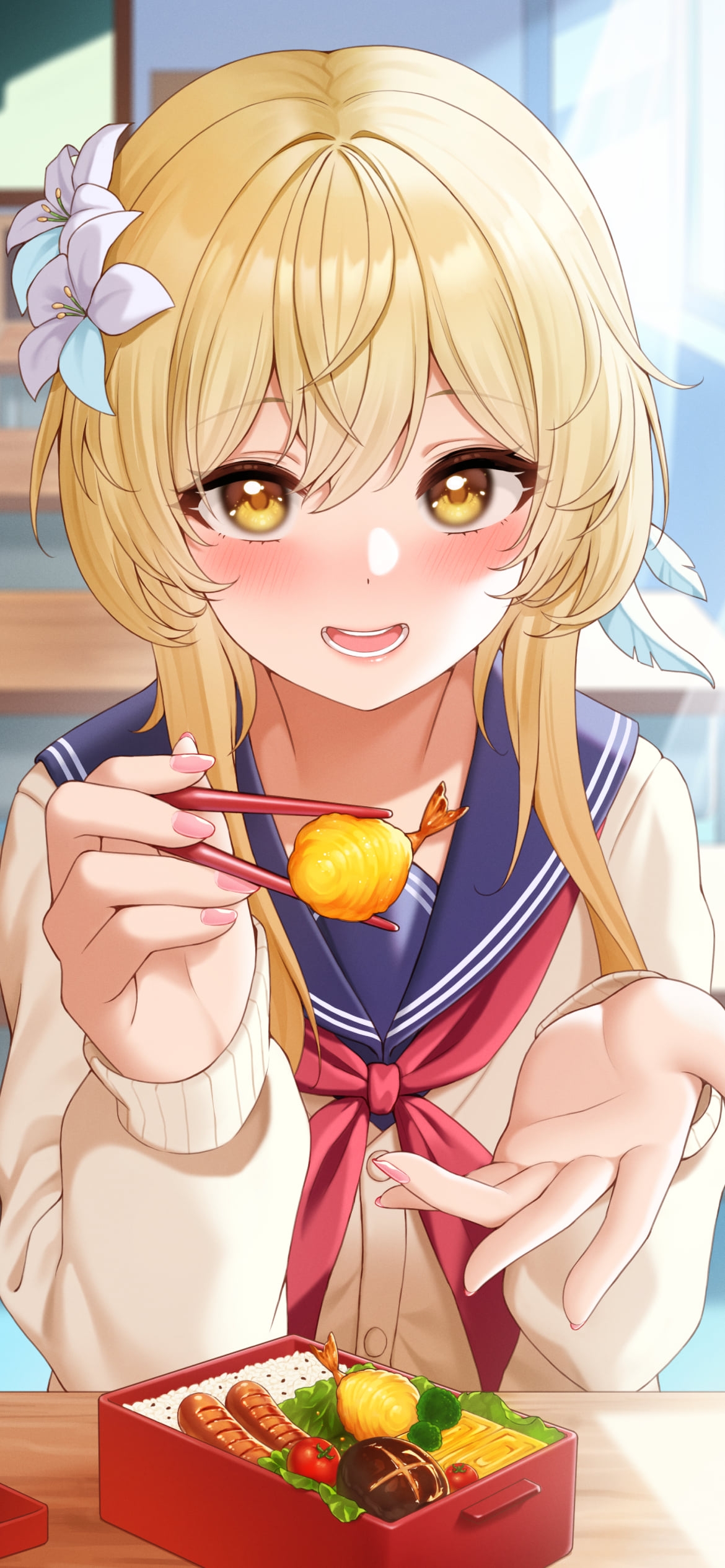 照れながらお弁当のエビフライを差し出す蛍 / しいたけ / ウィンナー / ミニトマト / タマゴ / 原神の1170 x 2532 / スマホ壁紙