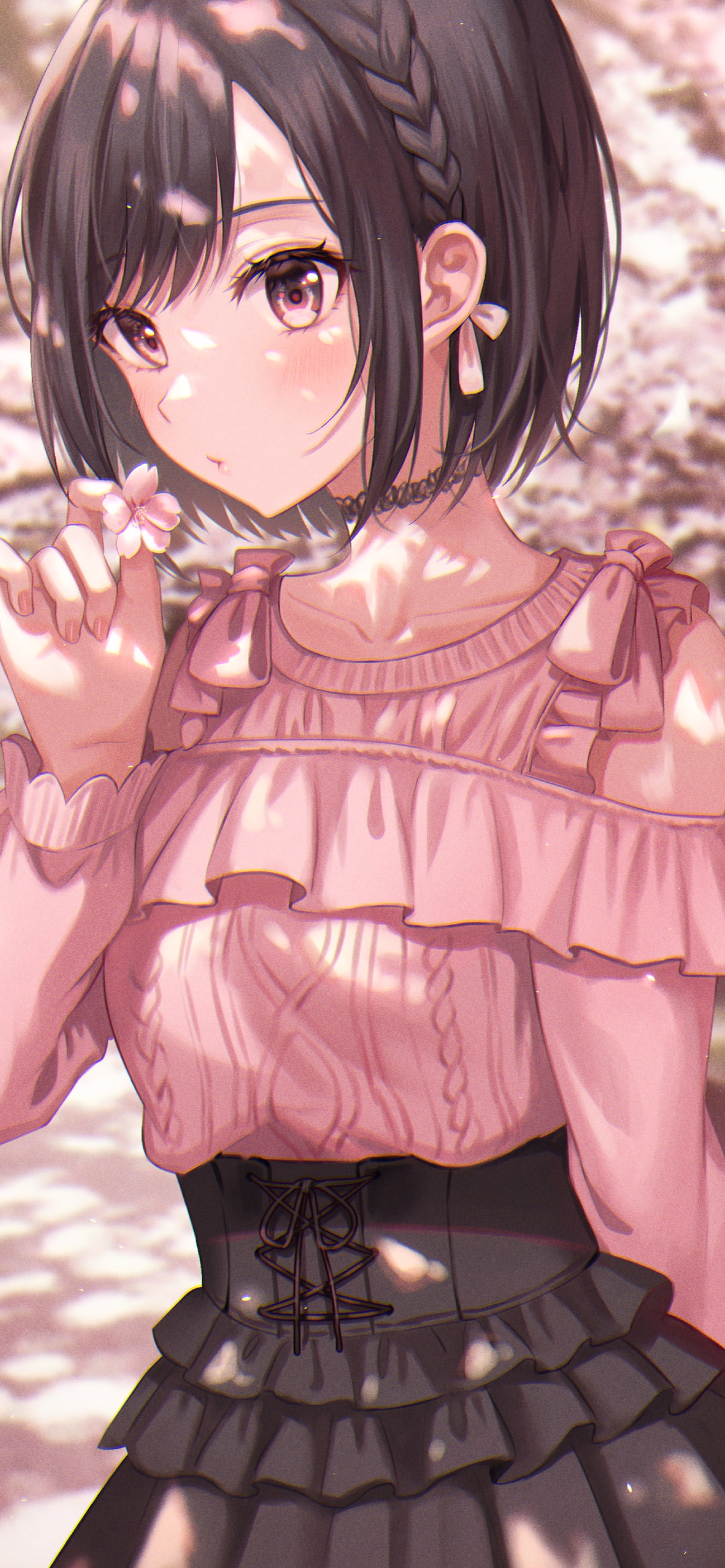 ピンクの服を着た可愛い東雲絵名 / 桜の並木道 / プロジェクトセカイの1170 x 2532 / スマホ壁紙