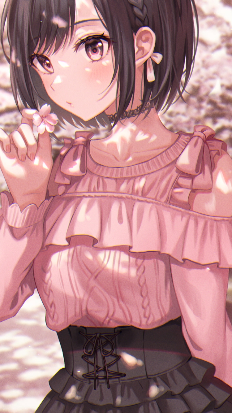 ピンクの服を着た可愛い東雲絵名 / 桜の並木道 / プロジェクトセカイの750 x 1334 / スマホ壁紙