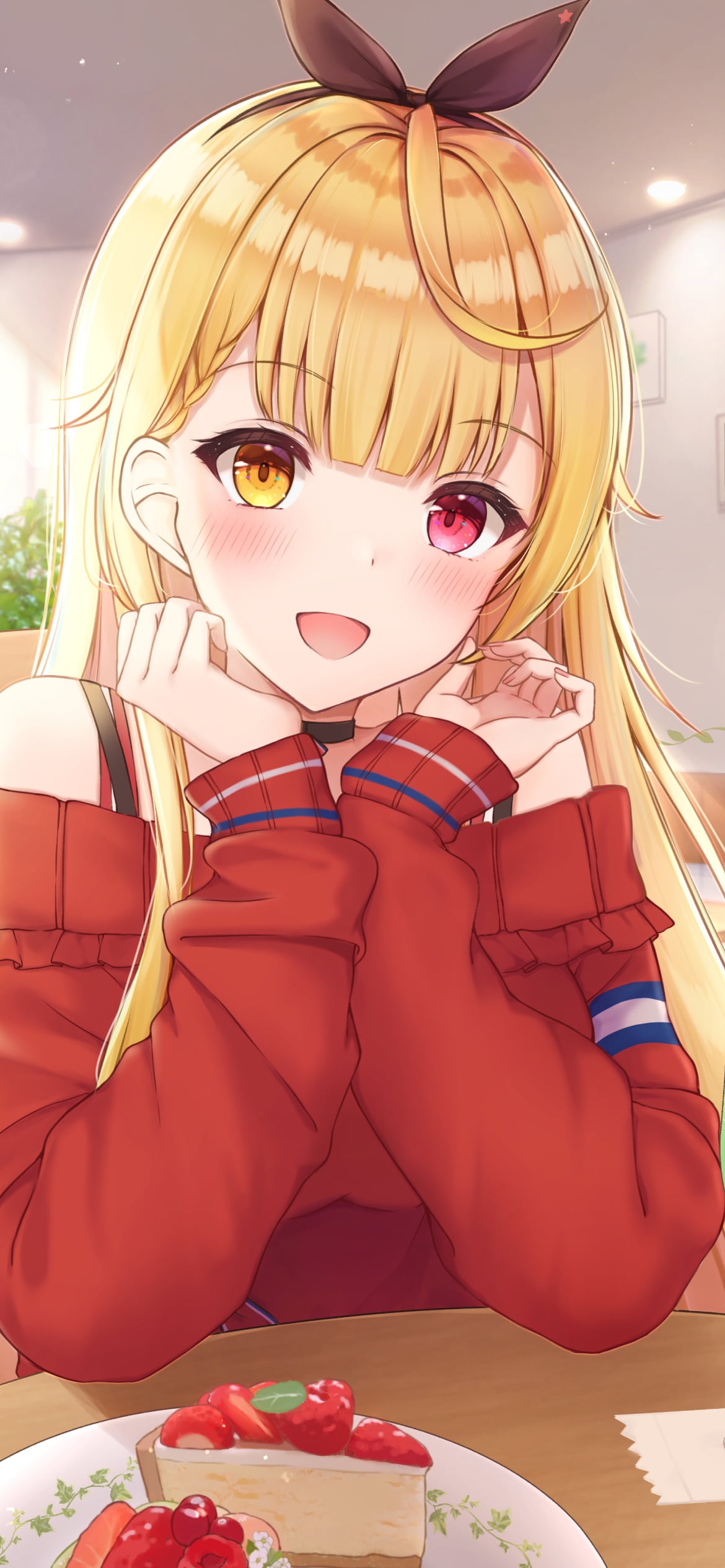 ファミレスで椅子に座って笑顔の星川サラ / ストロベリーケーキ / メロンフロート / オッドアイ / にじさんじ / バーチャルYouTuber / Vtuberの1170 x 2532 / スマホ壁紙