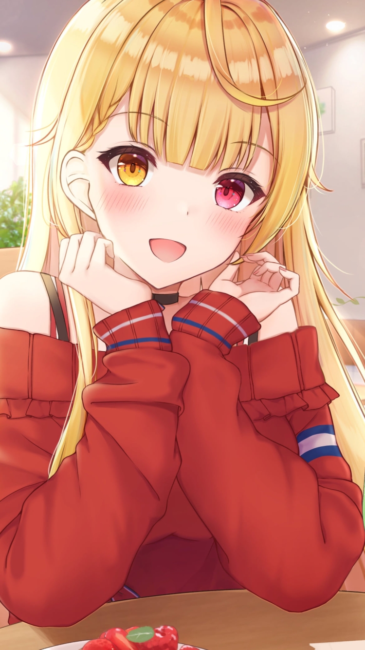 ファミレスで椅子に座って笑顔の星川サラ / ストロベリーケーキ / メロンフロート / オッドアイ / にじさんじ / バーチャルYouTuber / Vtuberの750 x 1334 / スマホ壁紙