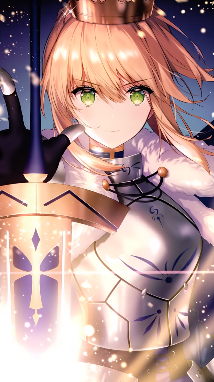 ほとばしる光の中、剣を離すアルトリア・ペンドラゴン / セイバー / フェイト／ステイナイトの750 x 1334 / スマホ壁紙