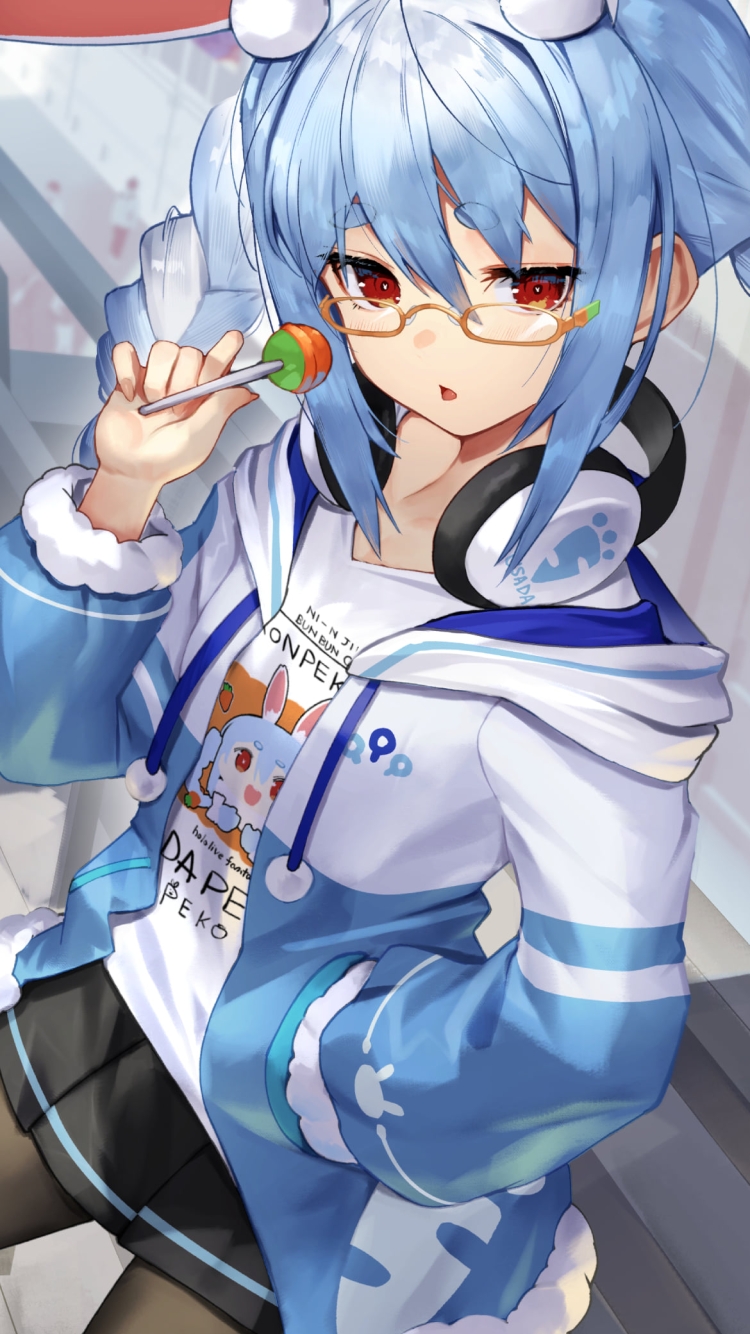 緑とオレンジの飴を舐めるメガネをかけた兎田ぺこら / ホロライブ / バーチャルYouTuber / Vtuberの750 x 1334 / スマホ壁紙