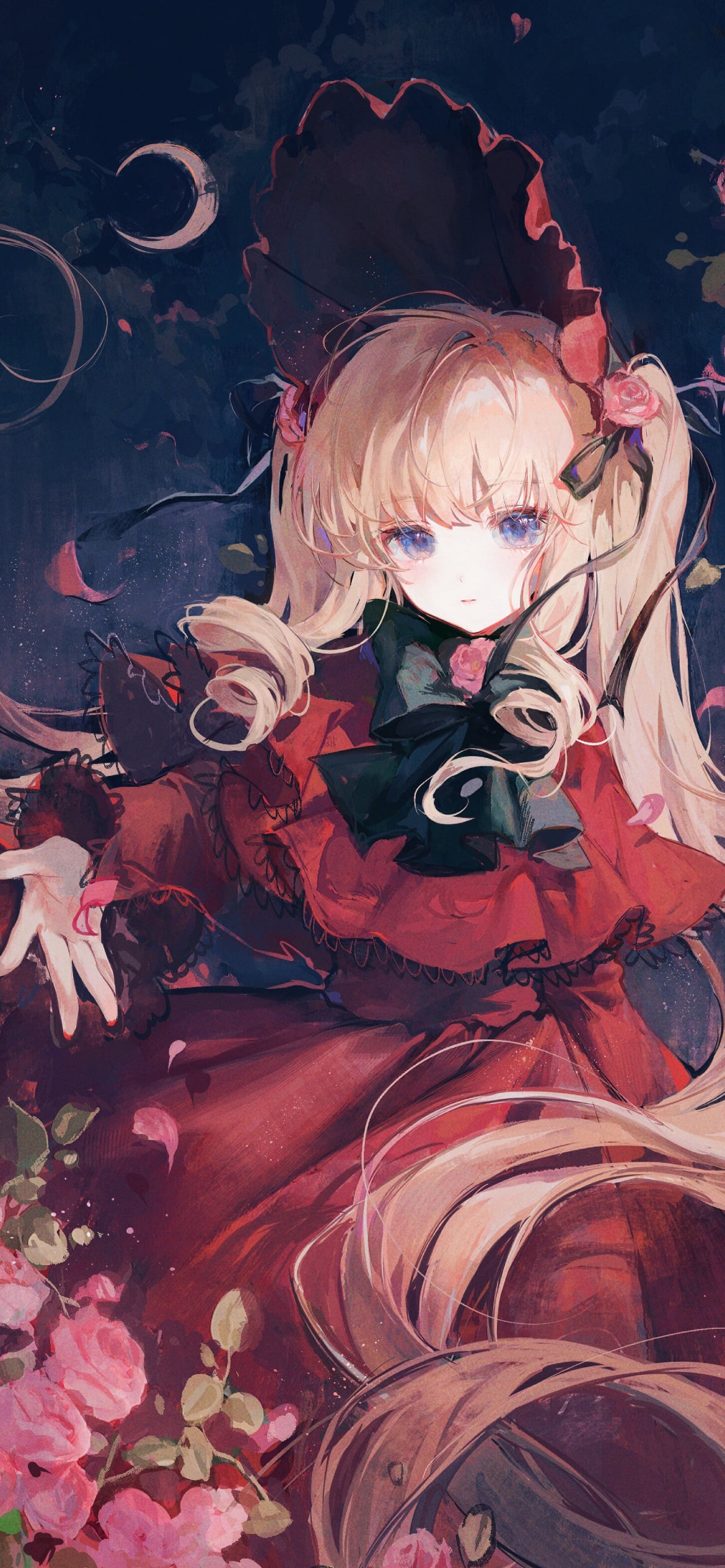 ピンクの花と赤い服を着た真紅 / ローゼンメイデンの1170 x 2532 / スマホ壁紙