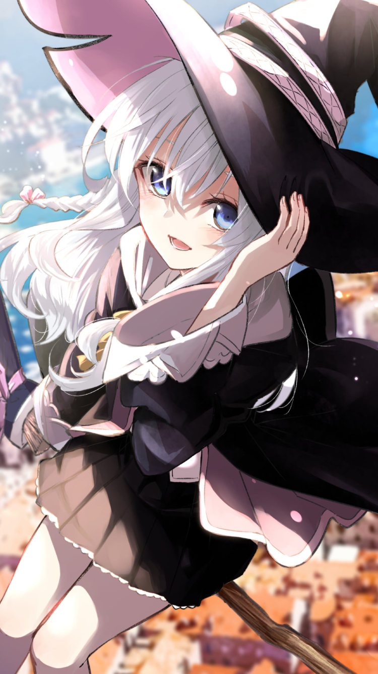 街の上をホウキに乗って飛ぶイレイナ / 魔女の旅々の750 x 1334 / スマホ壁紙