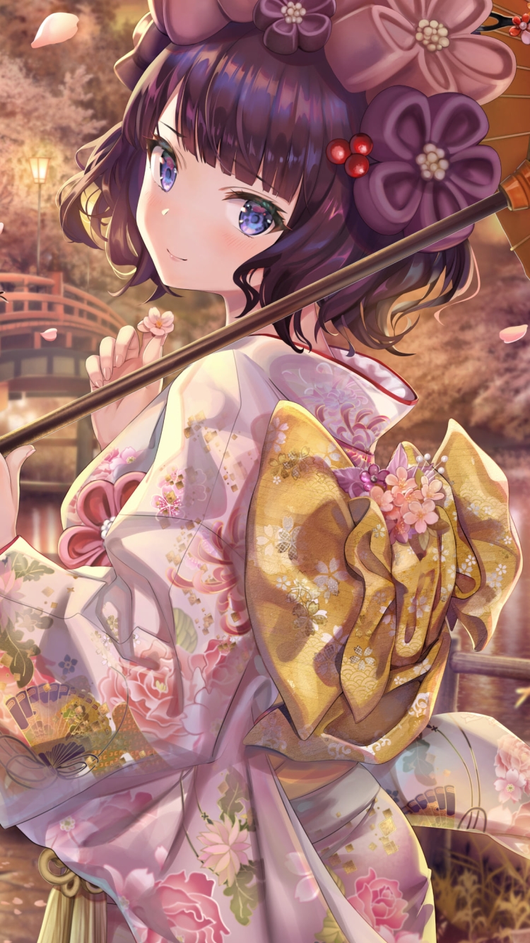 赤い和傘をさしピンクの着物を着た可愛い葛飾北斎 / fate/grand orderの750 x 1334 / スマホ壁紙