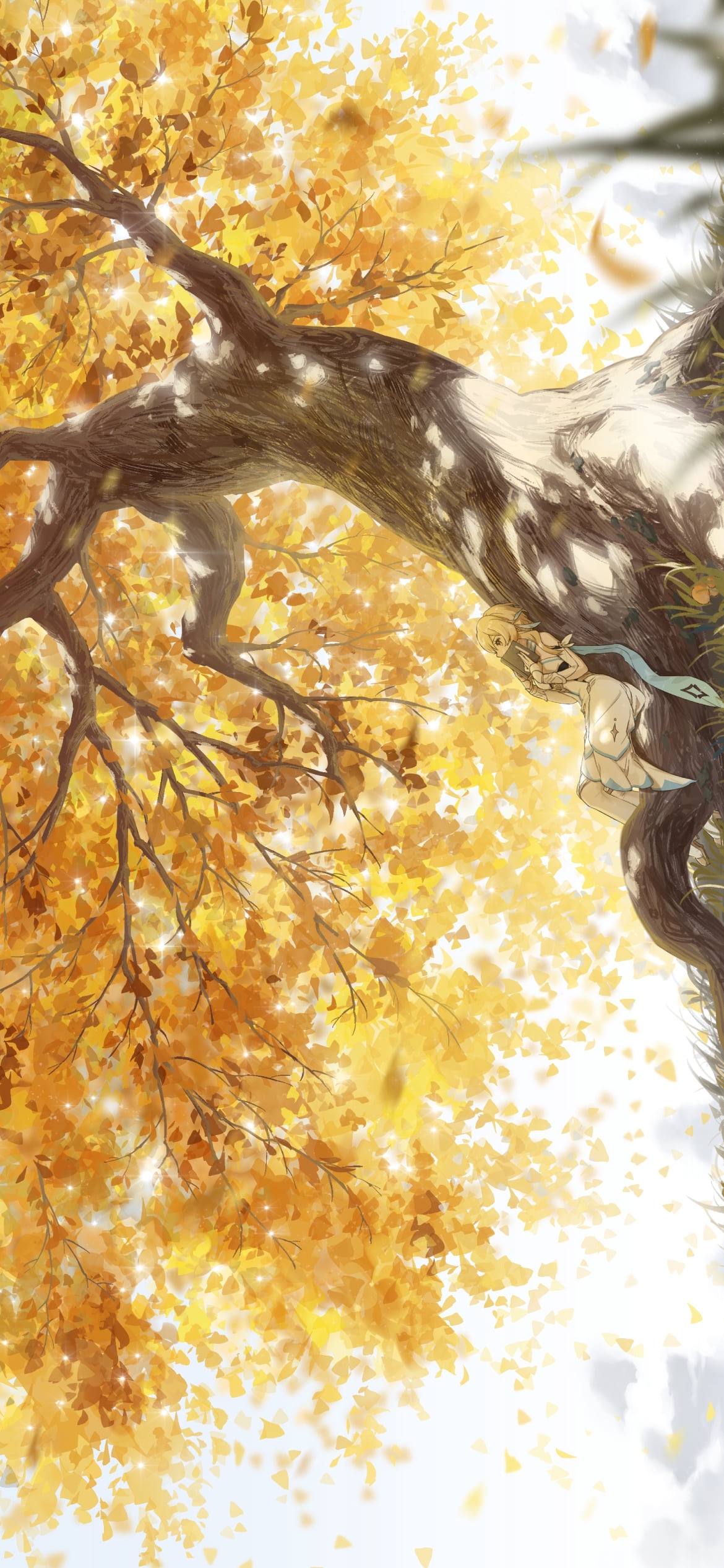 大木の幹に寝そべる蛍 / 紅葉 / 原神の1170 x 2532 / スマホ壁紙