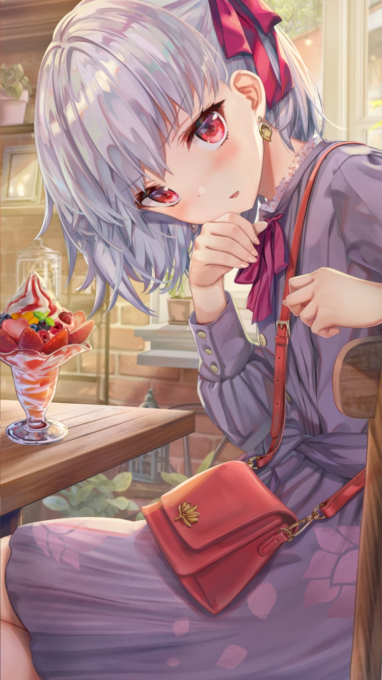 木の椅子に座り苺パフェを食べる可愛いカーマ / fate/grand orderの750 x 1334 / スマホ壁紙
