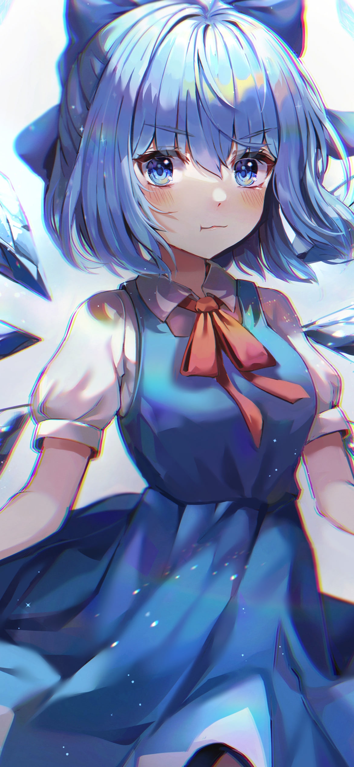 スカートの裾を両手で持ちこちらを見つめる可愛いチルノ / 東方の1170 x 2532 / スマホ壁紙