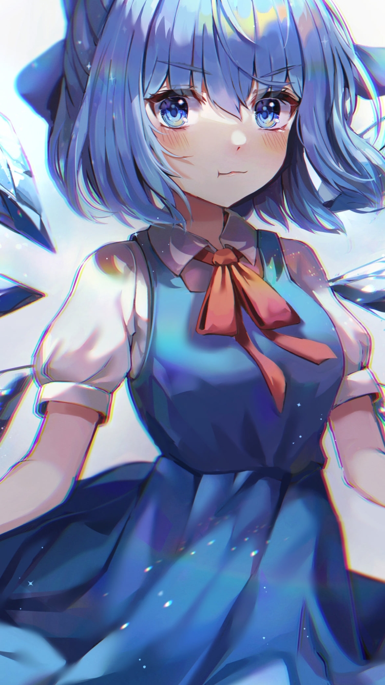 スカートの裾を両手で持ちこちらを見つめる可愛いチルノ / 東方の750 x 1334 / スマホ壁紙
