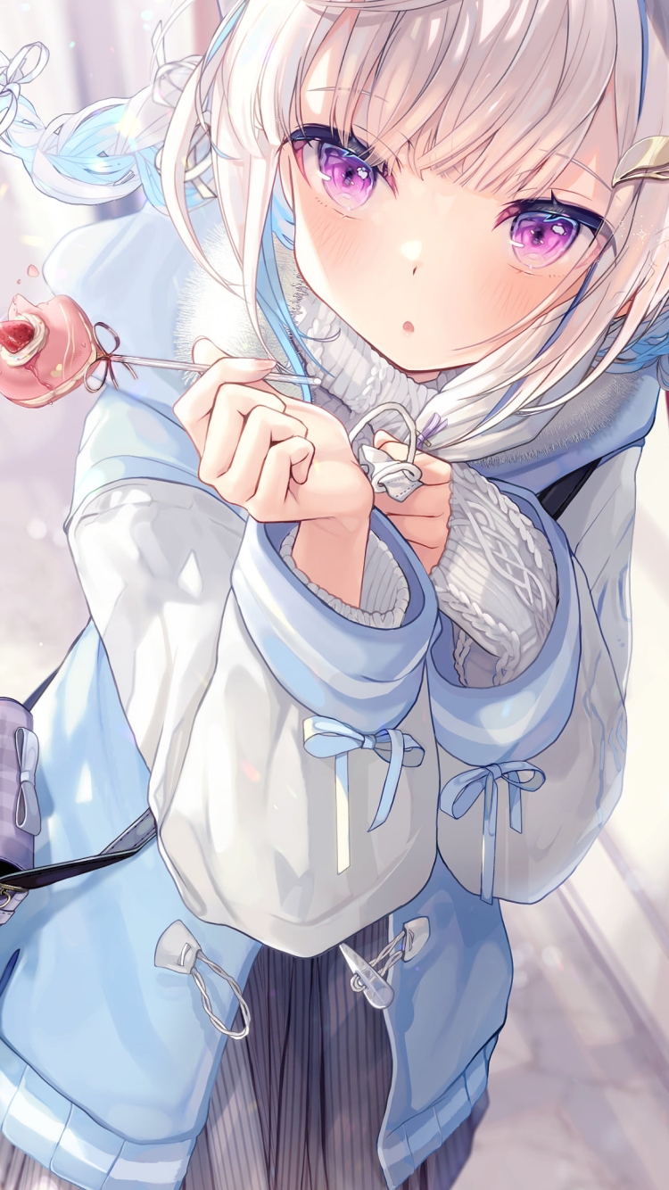ピンクの飴を持つ可愛いリゼ・ヘルエスタ / 紫のポシェット / にじさんじ / バーチャルYouTuber / Vtuberの750 x 1334 / スマホ壁紙