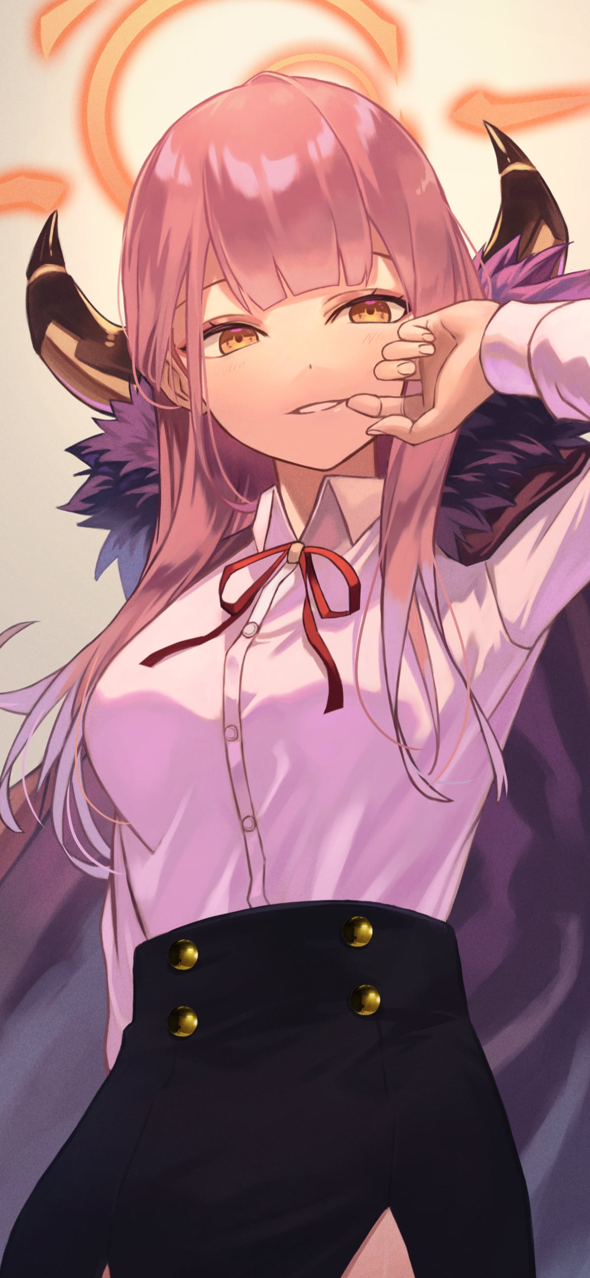 顔に左手をあてて微笑む陸八魔アル(りくはちまある) / ブルアカ / ブルーアーカイブの1170 x 2532 / スマホ壁紙