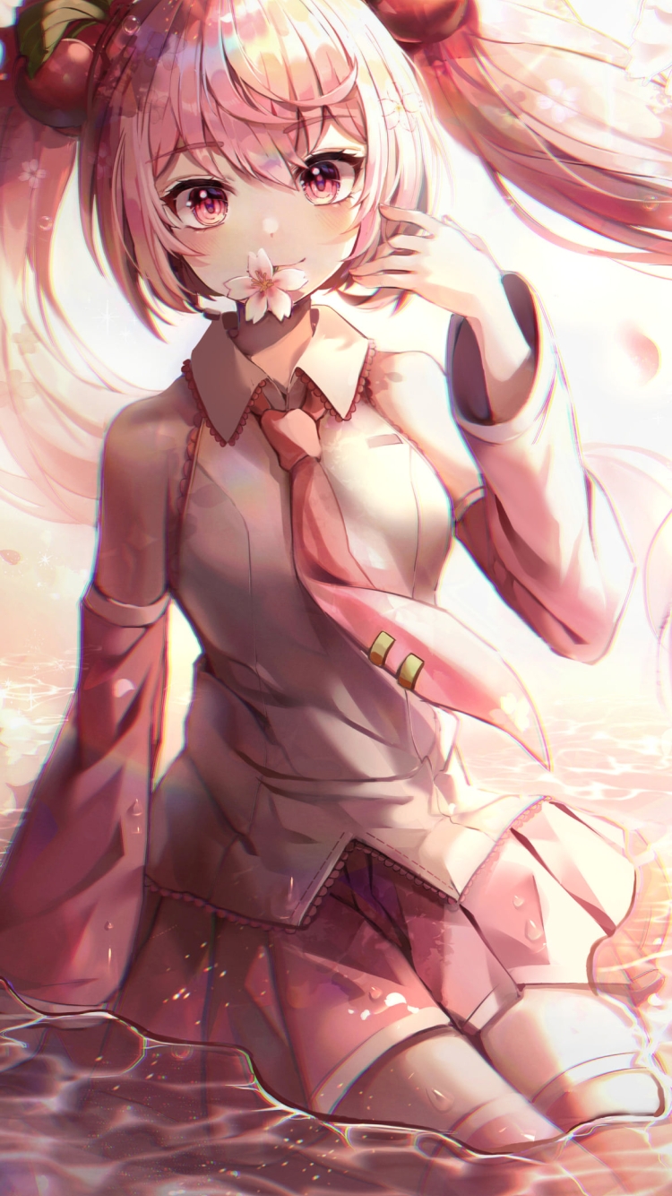 水に浸かる桜の花びらを咥えた可愛い桜ミク / ボカロ / ボーカロイドの750 x 1334 / スマホ壁紙