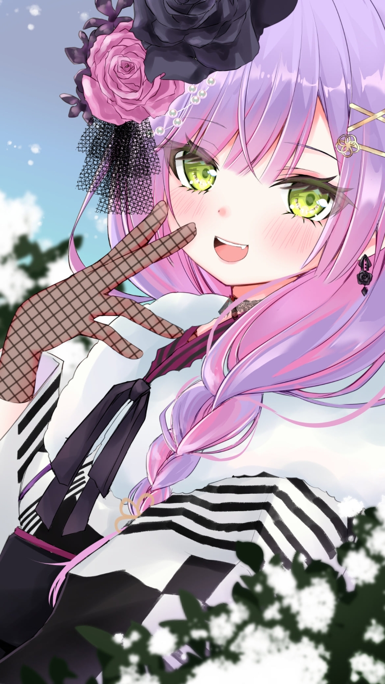 白い花と笑顔の常闇トワ / ホロライブ / バーチャルYouTuber / Vtuberの750 x 1334 / スマホ壁紙