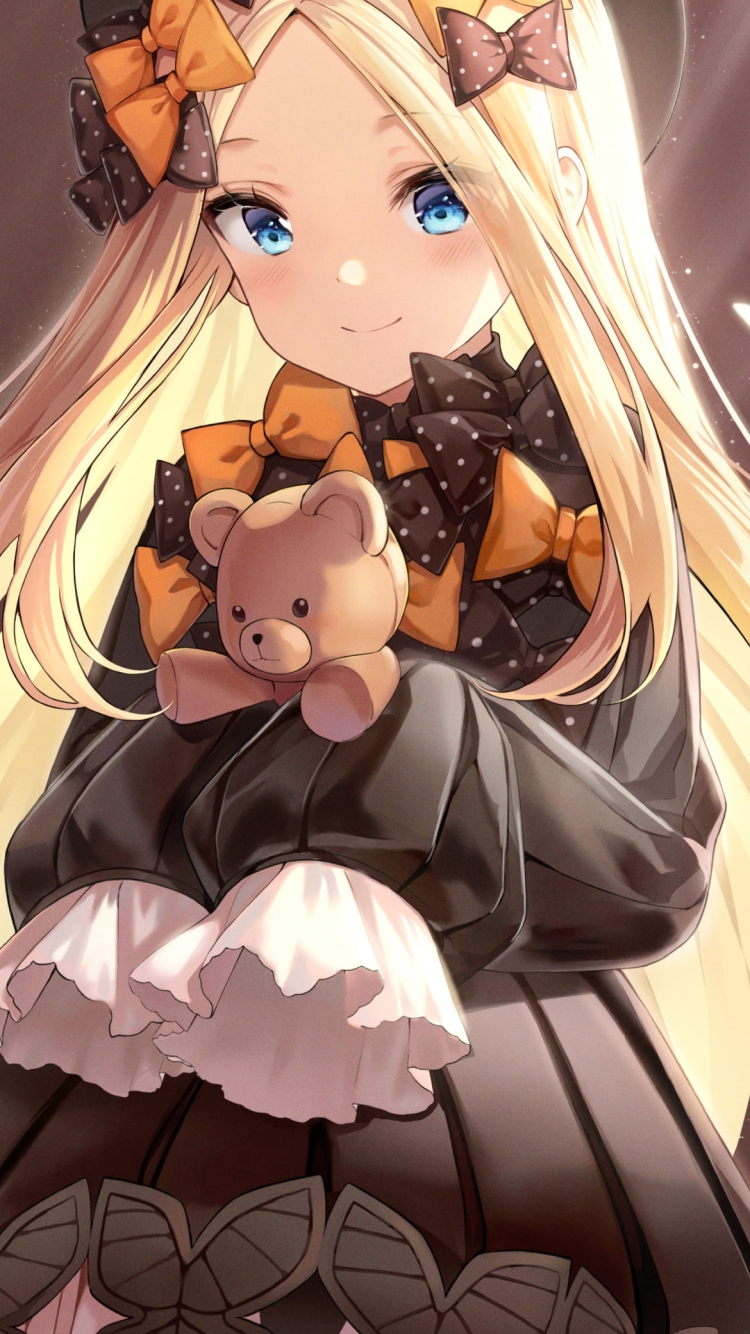 白く光る蝶とクマのぬいぐるみを持つアビゲイル・ウィリアムズ / fate/grand orderの750 x 1334 / スマホ壁紙