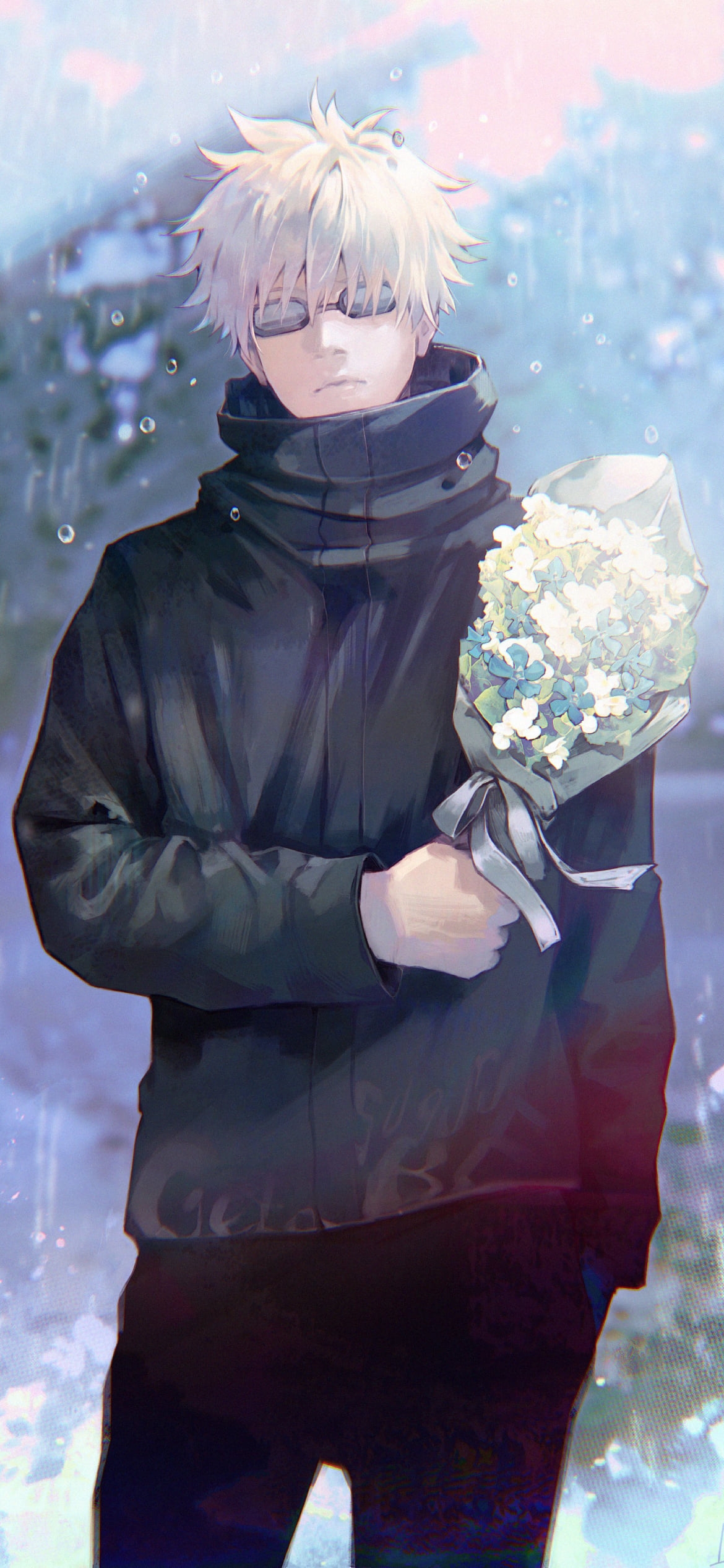 白い花束を持つ五条悟 / 呪術廻戦の1170 x 2532 / スマホ壁紙