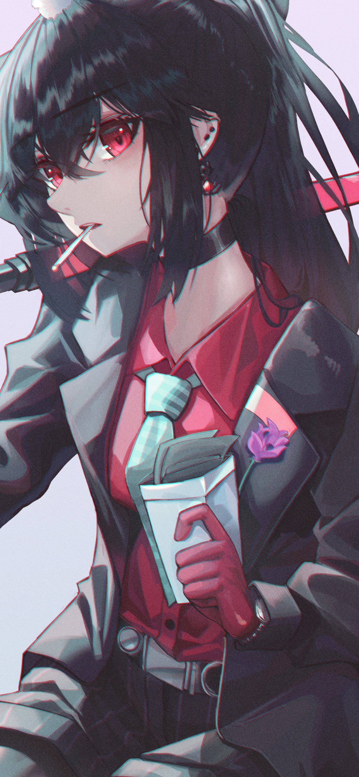 タバコを咥えて赤い刀を持つテキサス / アークナイツの1170 x 2532 / スマホ壁紙