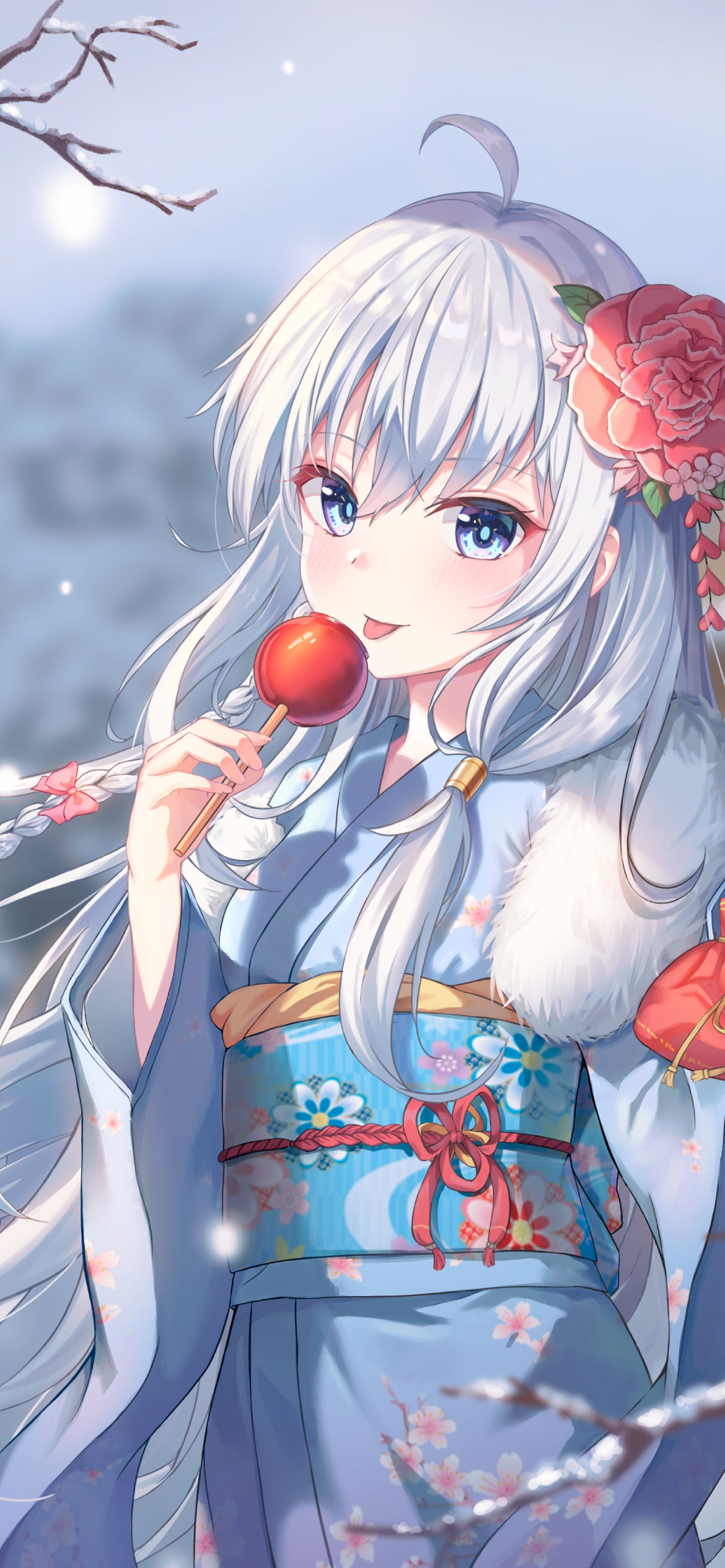 雪の中でりんご飴を舐める着物を着たイレイナ / 魔女の旅々の1170 x 2532 / スマホ壁紙