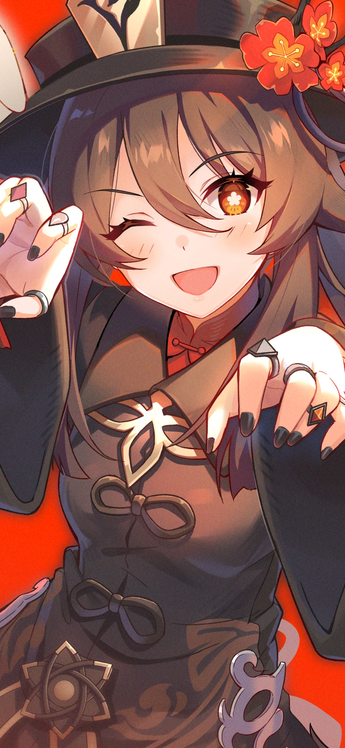 ウィンクしながらガオーポーズをする胡桃 / 原神の1170 x 2532 / スマホ壁紙