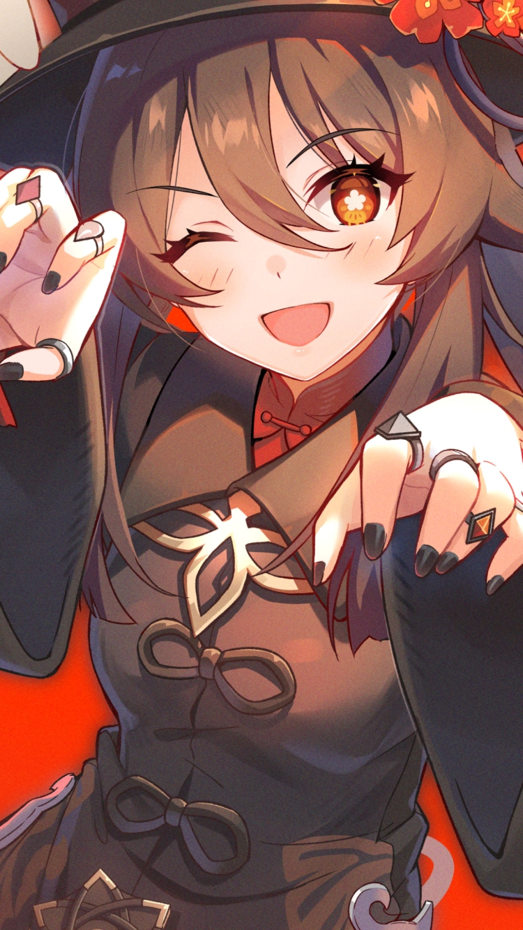 ウィンクしながらガオーポーズをする胡桃 / 原神の750 x 1334 / スマホ壁紙