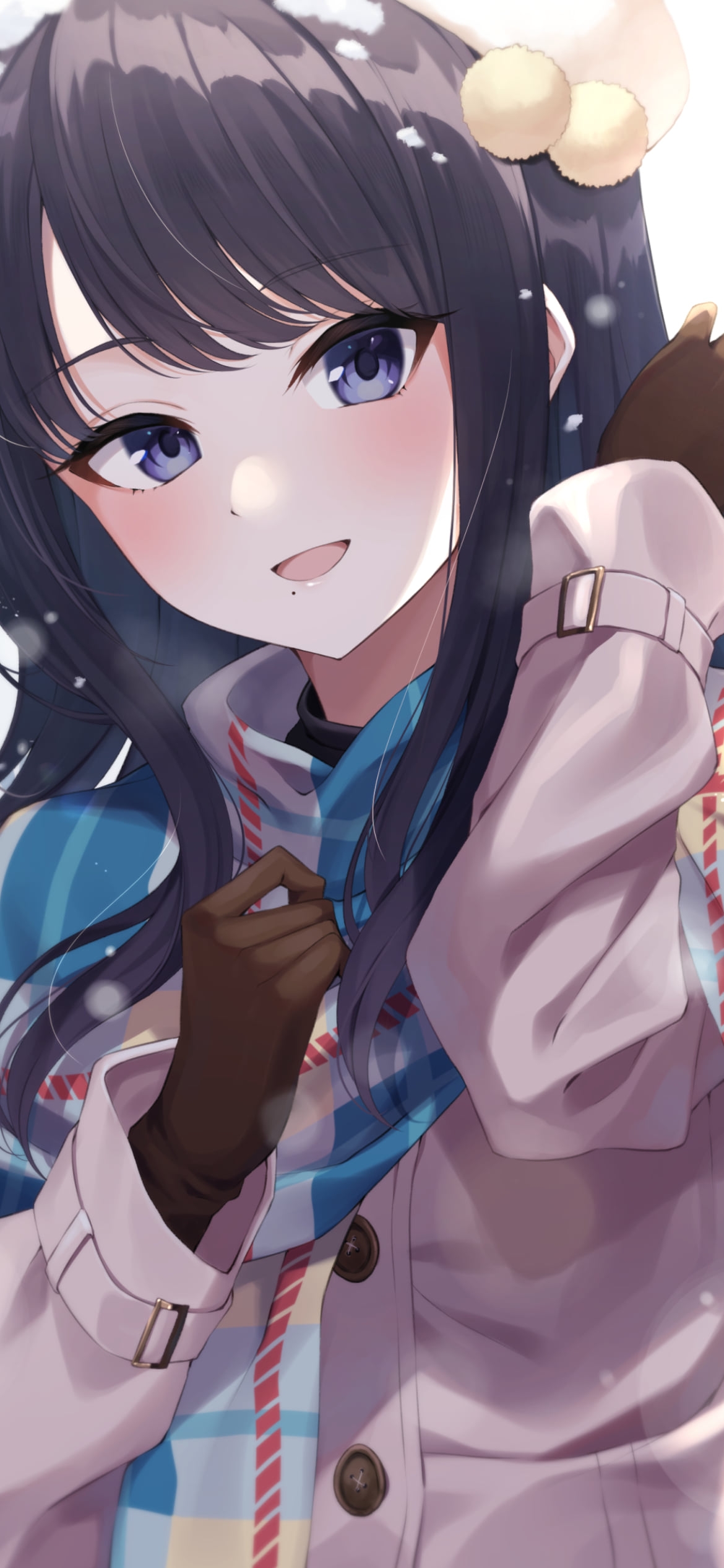 雪が降る中で微笑む風野灯織 (かざの ひおり) / 青いマフラー / アイドルマスターシャイニーカラーズの1170 x 2532 / スマホ壁紙