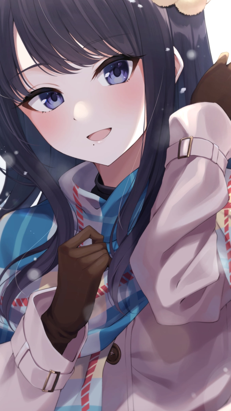雪が降る中で微笑む風野灯織 (かざの ひおり) / 青いマフラー / アイドルマスターシャイニーカラーズの750 x 1334 / スマホ壁紙