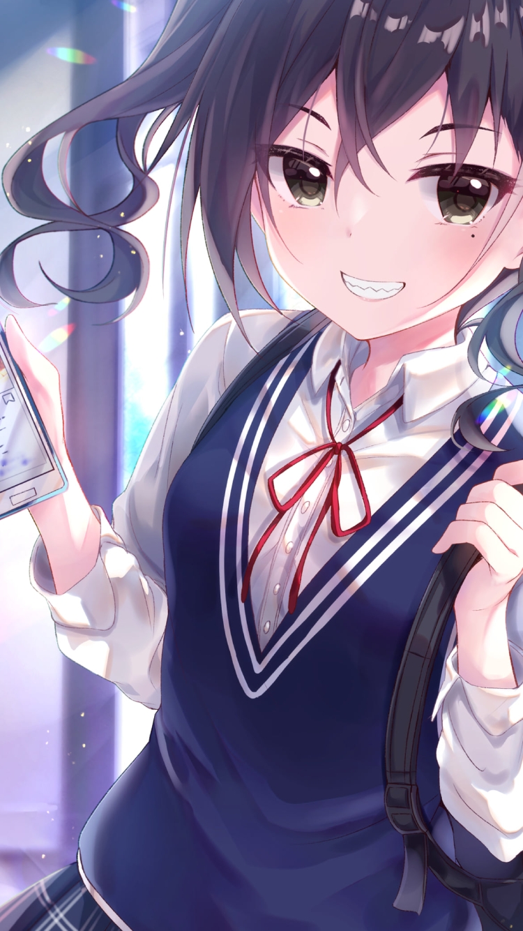 スマホを持ち笑う砂塚あきら / 青いリュック / アイドルマスターシンデレラガールズの750 x 1334 / スマホ壁紙
