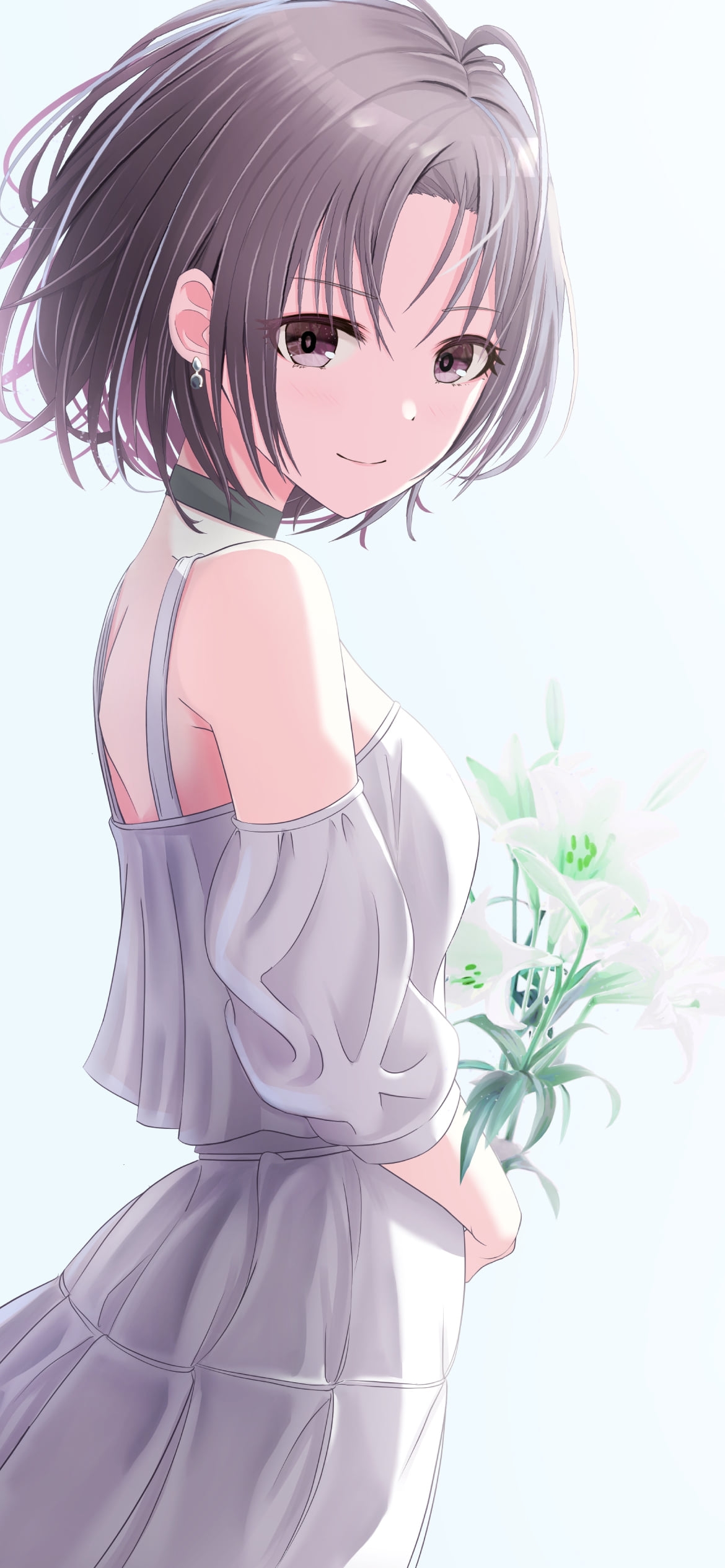 白い花を持ち微笑む可愛い浅倉透 / アイドルマスターシャイニーカラーズの1170 x 2532 / スマホ壁紙