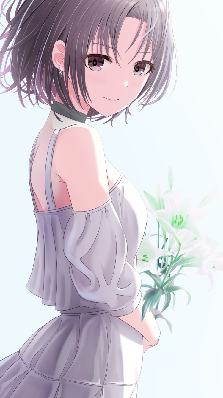 白い花を持ち微笑む可愛い浅倉透 / アイドルマスターシャイニーカラーズの750 x 1334 / スマホ壁紙