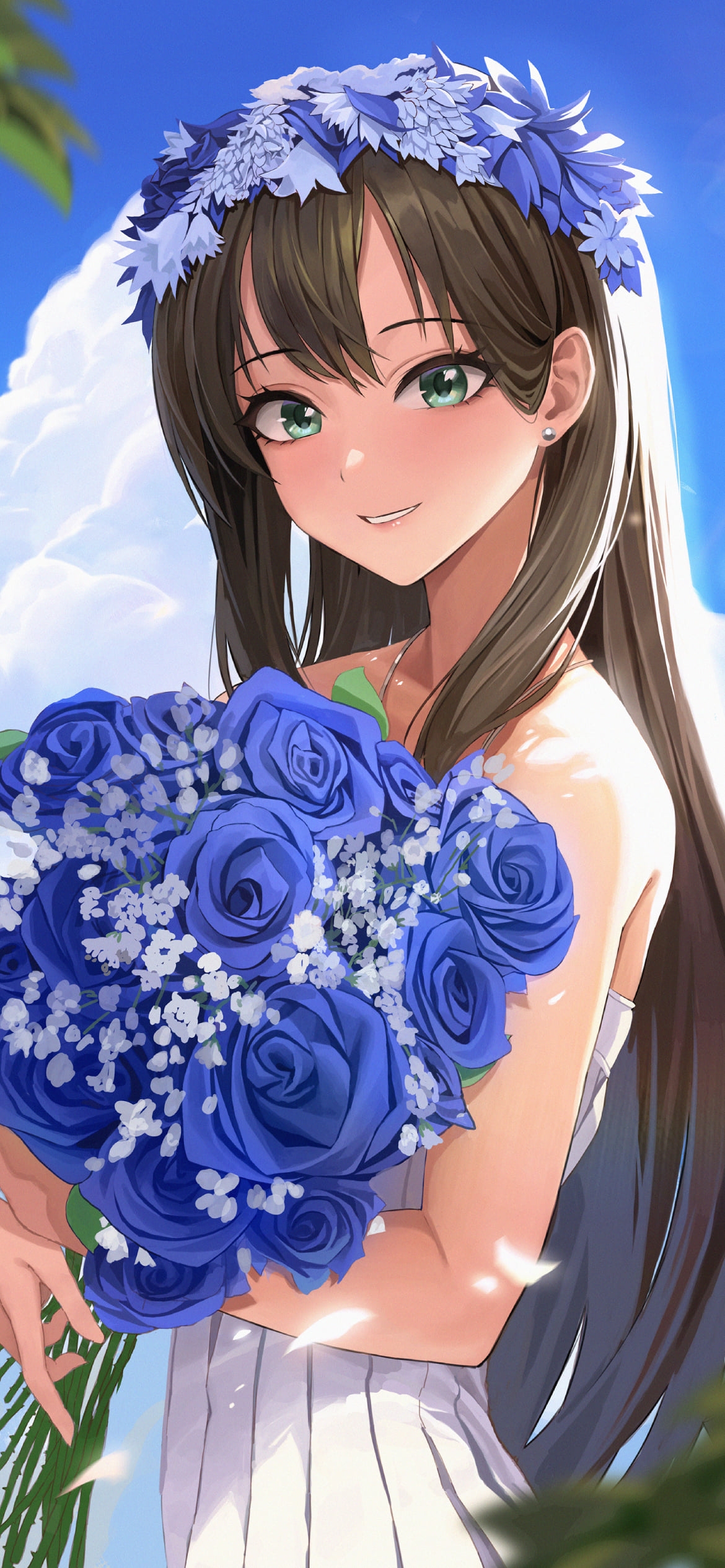 青い薔薇の花束を持ち微笑む渋谷凛 / アイドルマスターシャイニーカラーズの1170 x 2532 / スマホ壁紙