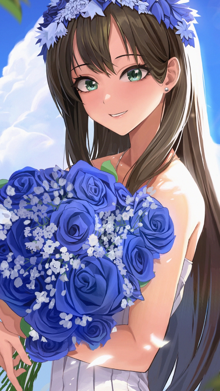 青い薔薇の花束を持ち微笑む渋谷凛 / アイドルマスターシャイニーカラーズの750 x 1334 / スマホ壁紙