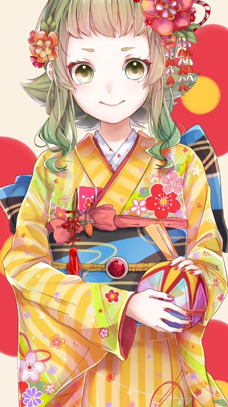 花柄の模様の黄色い着物を着た可愛いグミ / gumi / 手毬 / ボカロ / ボーカロイドの750 x 1334 / スマホ壁紙