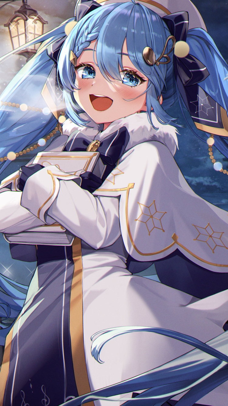 分厚い白い本を持つ笑顔の雪ミク / ボカロ / ボーカロイドの750 x 1334 / スマホ壁紙