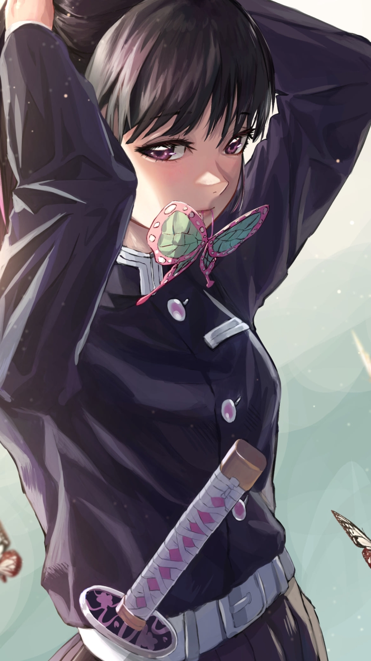 こちらを見つめながら髪を結わく栗花落カナヲ / 蝶 / 鬼滅の刃の750 x 1334 / スマホ壁紙