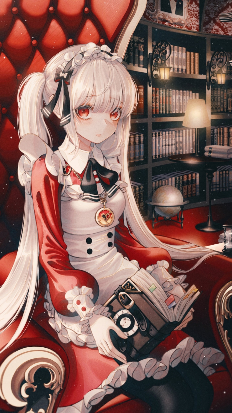 大きな赤い椅子に座って本を読むホワイト・ラビット / 不思議の国のアリスの750 x 1334 / スマホ壁紙