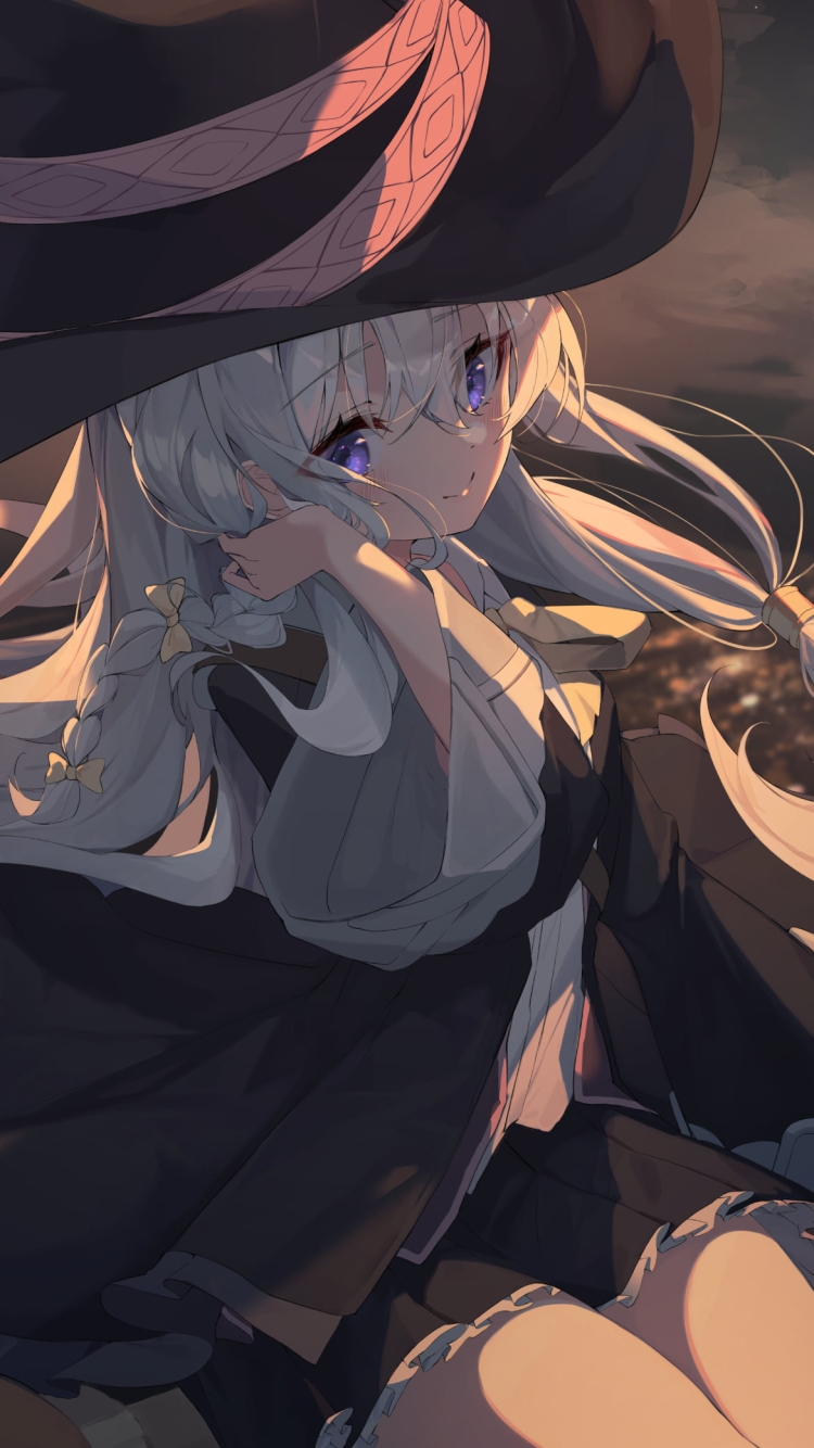 髪をおさえながらホウキに乗って空を飛ぶイレイナ / 魔女の旅々の750 x 1334 / スマホ壁紙