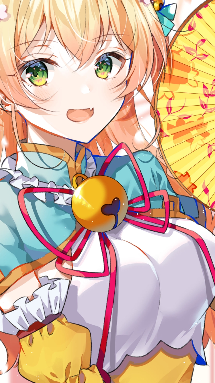 黄色の扇子であおぐ可愛い桃鈴ねね / ホロライブ / バーチャルYouTuber / Vtuberの750 x 1334 / スマホ壁紙