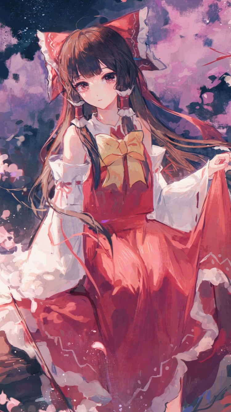 水に足を浸す博麗霊夢 / ピンクの花 / 東方の750 x 1334 / スマホ壁紙