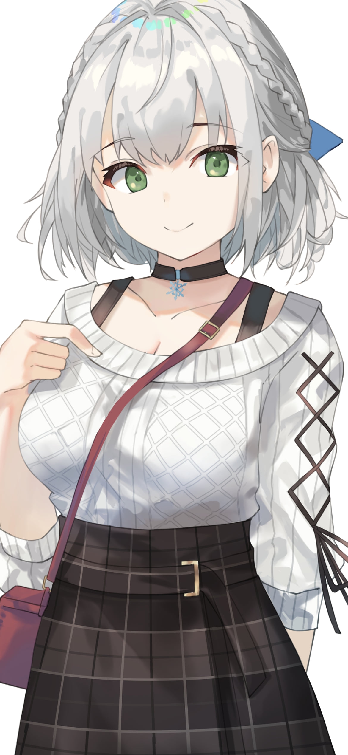 私服姿の可愛い白銀ノエル / 赤い鞄 / チェックのスカート / ホロライブ / バーチャルYouTuber / Vtuberの1170 x 2532 / スマホ壁紙