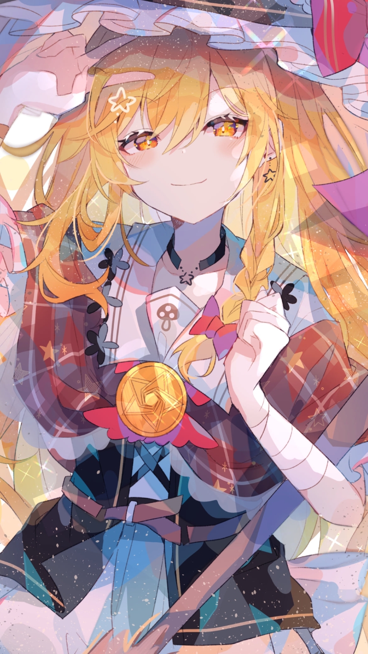 ホウキを持ち三本ピースをする可愛い霧雨魔理沙 / 東方の750 x 1334 / スマホ壁紙