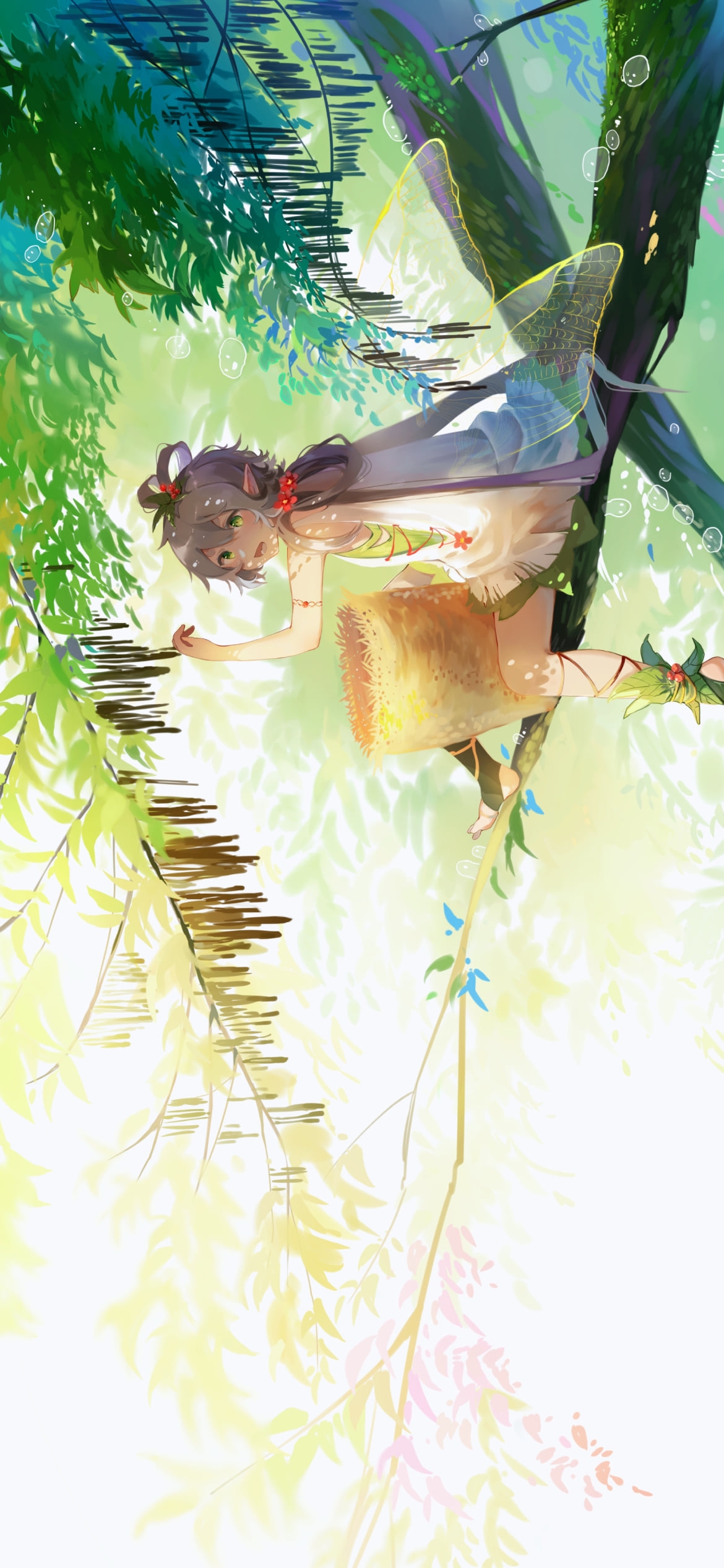 木の上で木の実を収穫する洛天依 / ボカロ / ボーカロイドの1170 x 2532 / スマホ壁紙