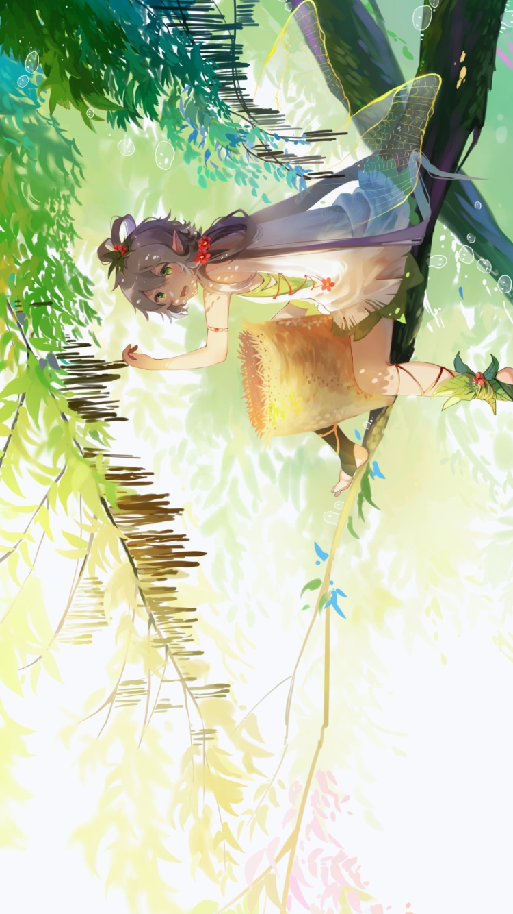 木の上で木の実を収穫する洛天依 / ボカロ / ボーカロイドの750 x 1334 / スマホ壁紙
